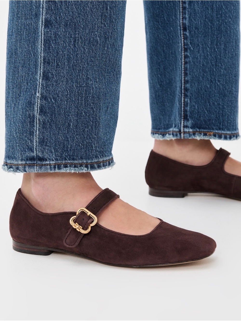 Sam Edelman Dark Brown Suede Mary Jane Flats with Gold Buckle